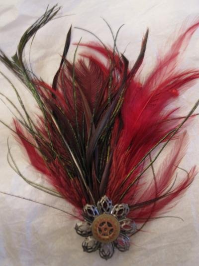 Large red with peacock hurls and steam punk centerpiece