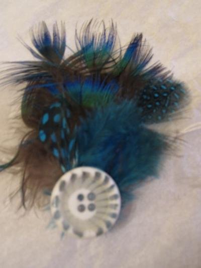 Small white button with peacock feathers and polka dot feathers